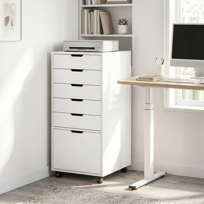 HOMCOM 6 Drawer Vertical File Cabinet with Lockable Wheels, White