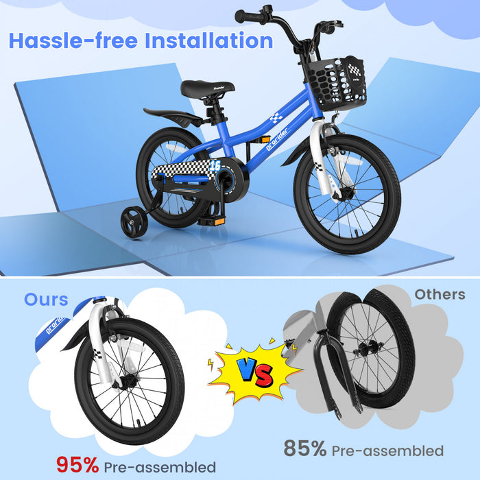 Costway 16\" Kid's Bike With Removable Training Wheels & Basket For 4-7 Years Old Blue