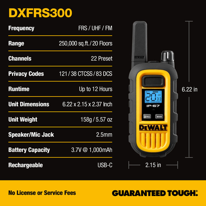 2 Dewalt DXFRS300 Work Site Walkie Talkies - 1 Watt, Heavy Duty, Long Range Indoor-Outdoor Two Way Radios + 22 Channel
