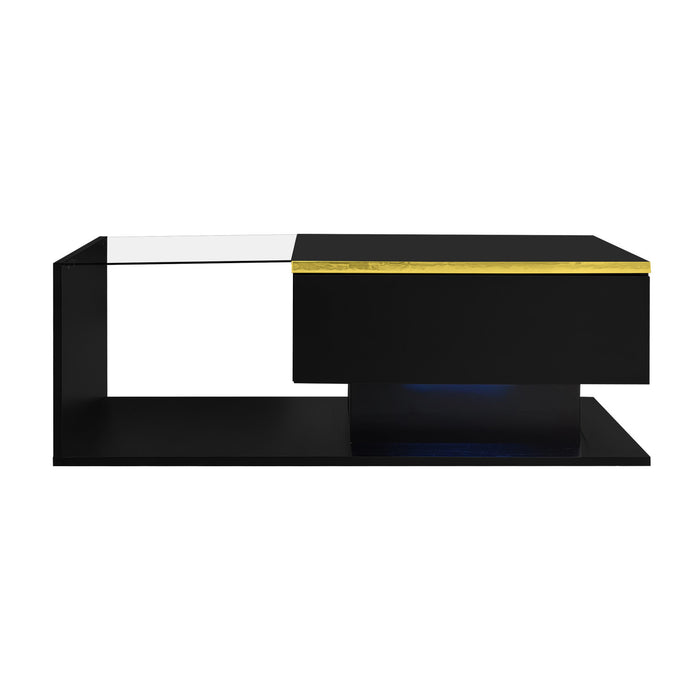 Ethan High-Gloss 35.4\" Long Coffee Table with Glass and LED Effect,Black