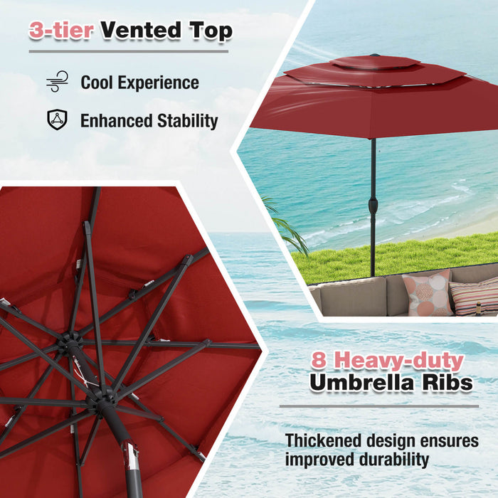 Costway 10 ft 3-tier Vented Patio Umbrella Large Market Table Umbrella Outdoor Sun Shade Red