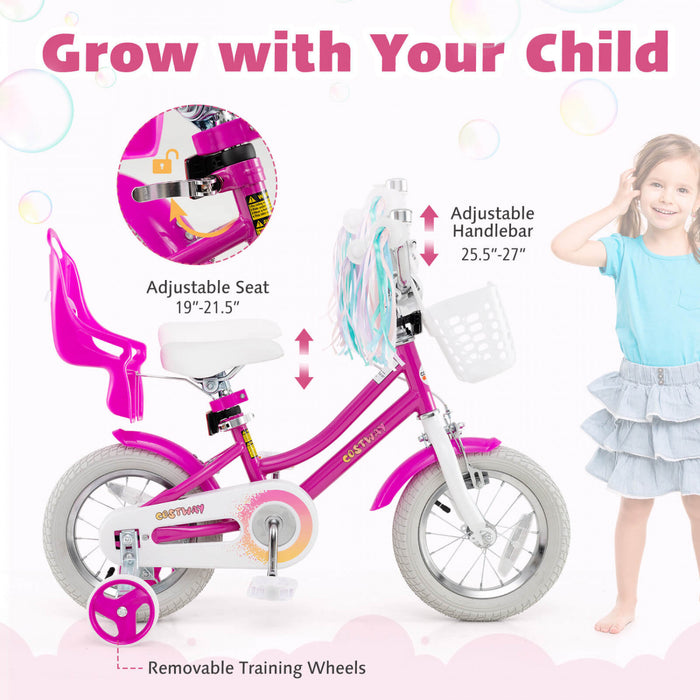 Costway 12 Inch Kids Bike With Training Wheels Doll Seat Basket Streamers Hand Brake Pink