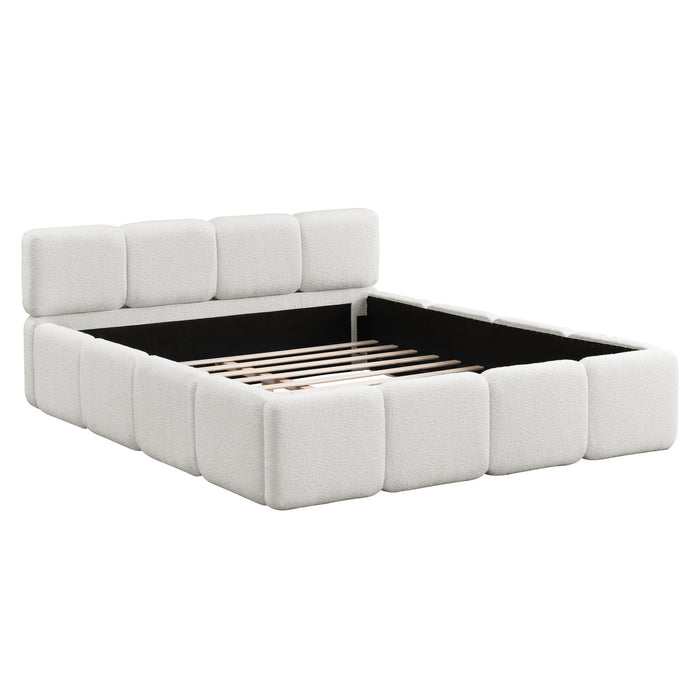 Aiden Platform Bed with Supportive Upholstered Frame in Boucle Fabric,King Size,White King Bed