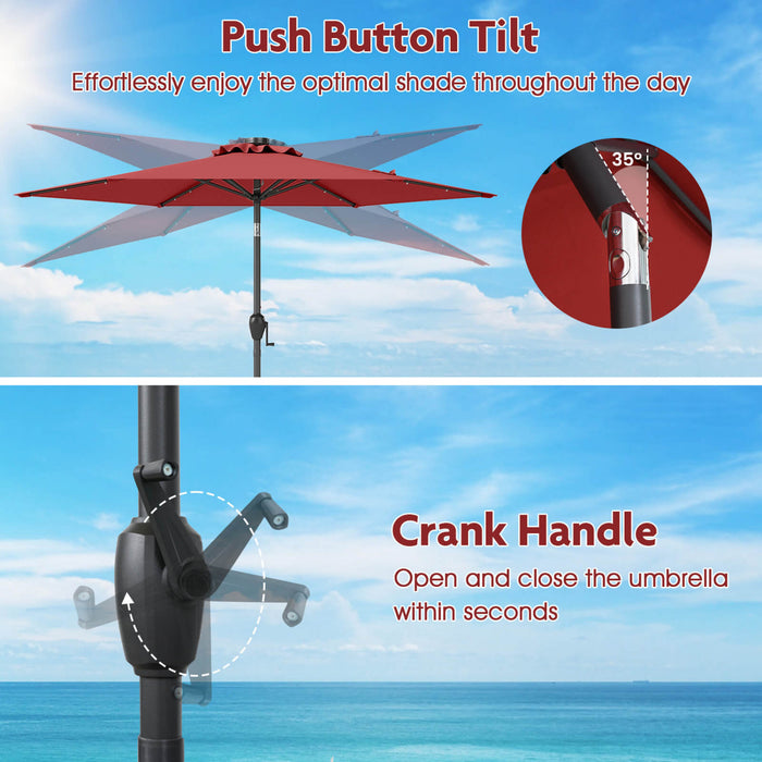 Costway 7.5 ft Solar Powered Patio Umbrella with LED Lights Push Button Tilt Crank Handle Red