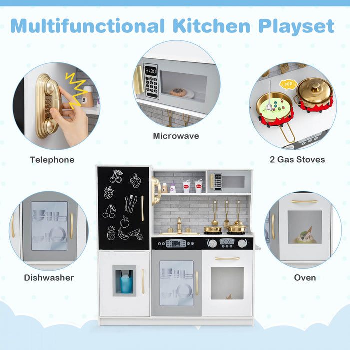 Costway Kid's Pretend Play Kitchen Toddler Kitchen Playset With Blackboard Beige