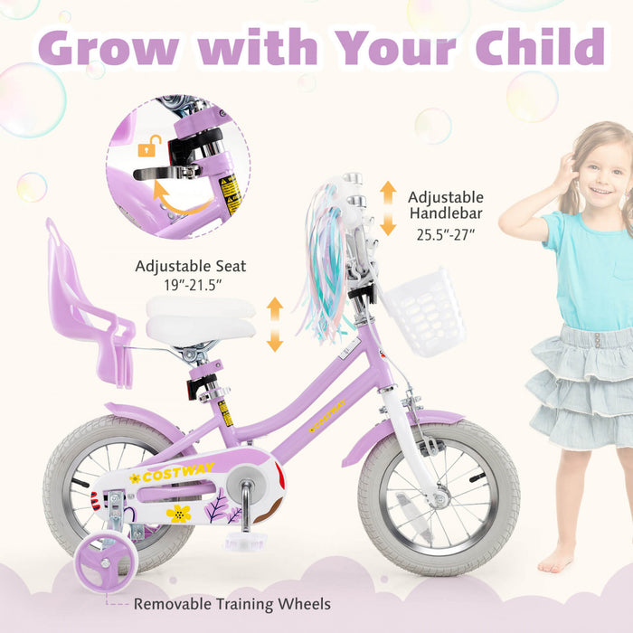 Costway 12 Inch Kids Bike With Training Wheels Doll Seat Basket Streamers Hand Brake Purple
