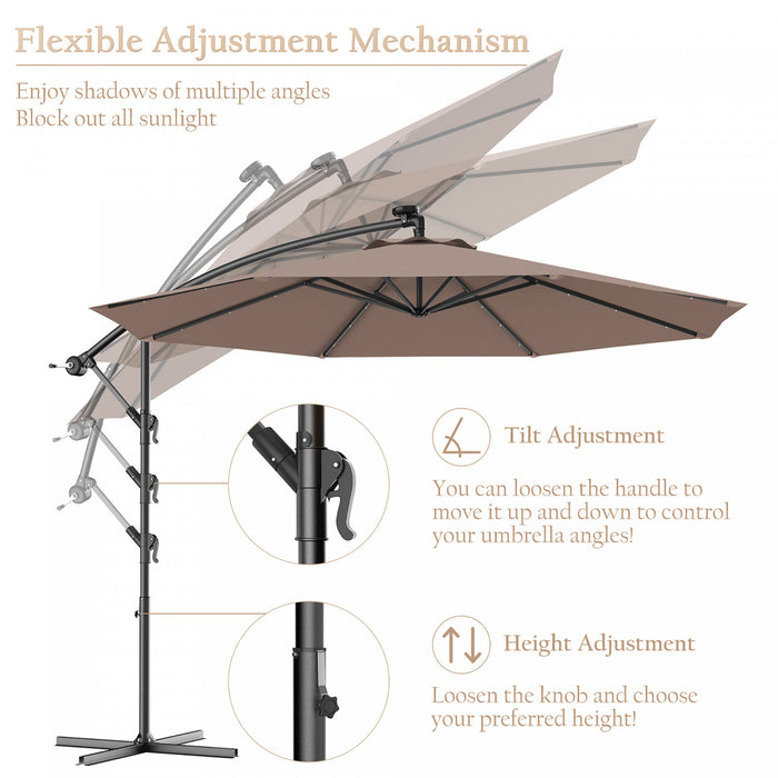 Costway 10' Hanging Solar LED Umbrella Patio Sun Shade Offset Market W/ Base Tan