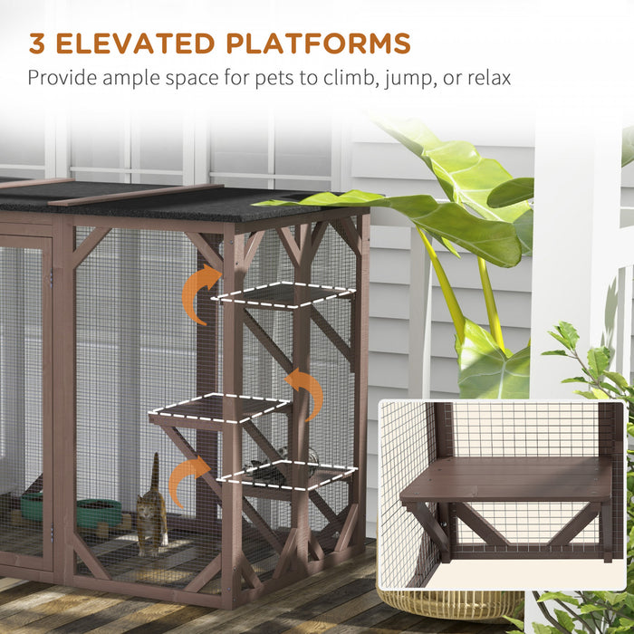 Pawhut Cat Cage Indoor Catio Outdoor Cat Enclosure Pet House Small Animal Hutch For Rabbit, Kitten, Crate Kennel With Waterproof Roof, Multi-level Platforms, Lock, Camel