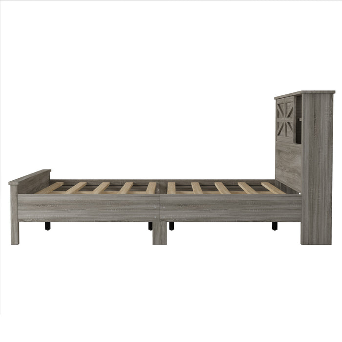 Madison Bedroom Set Farmhouse Platform Bed with Storage and Charging Station,Queen Size，Grey Queen Bed