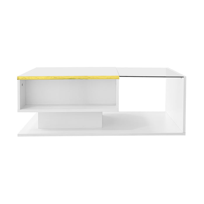 Ethan High-Gloss 35.4\" Long Coffee Table with Glass and LED Effect,White