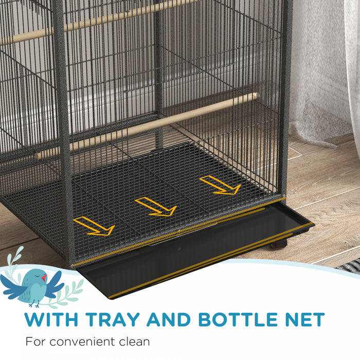 Pawhut 29\" Bird Cage With Rolling Stand For Parrots, Love Birds, And Finches, Large Bird Cage With Colourful Swing, Stainless Steel Bowls, Removable Tray - Grey