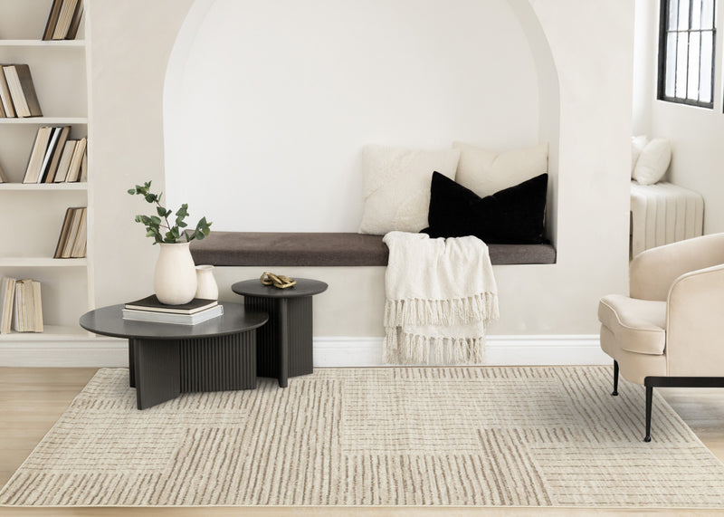 Florence Brown Cream Geometric Linework Design Rug, 6'7\" x 9'6\" Indoor Area Rug