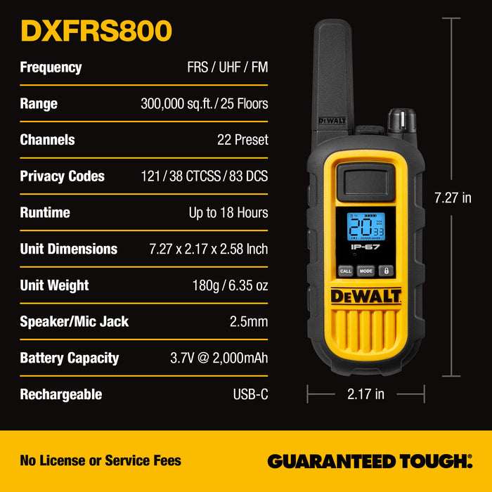 6 Dewalt DXFRS800 Work Site Walkie Talkies - 2 Watt, Heavy Duty, Long Range Indoor-Outdoor Two Way Radios + 22 Channel