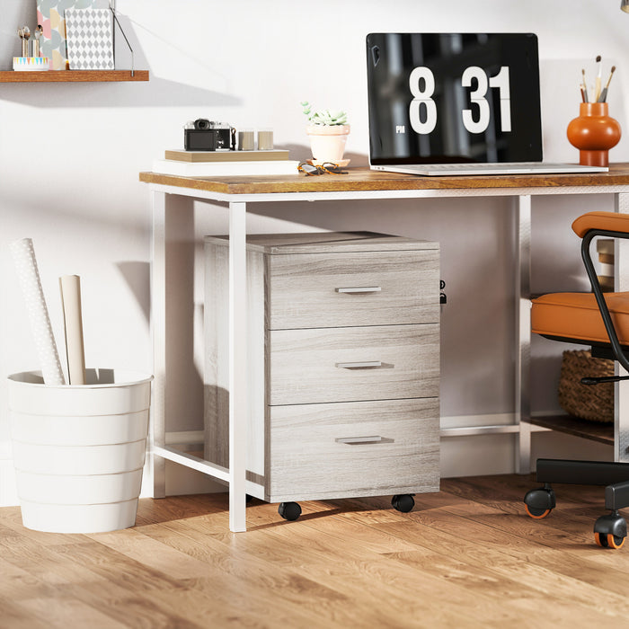Vinsetto 3 Drawer File Cabinet with Lock and Wheels, Grey Wood Grain
