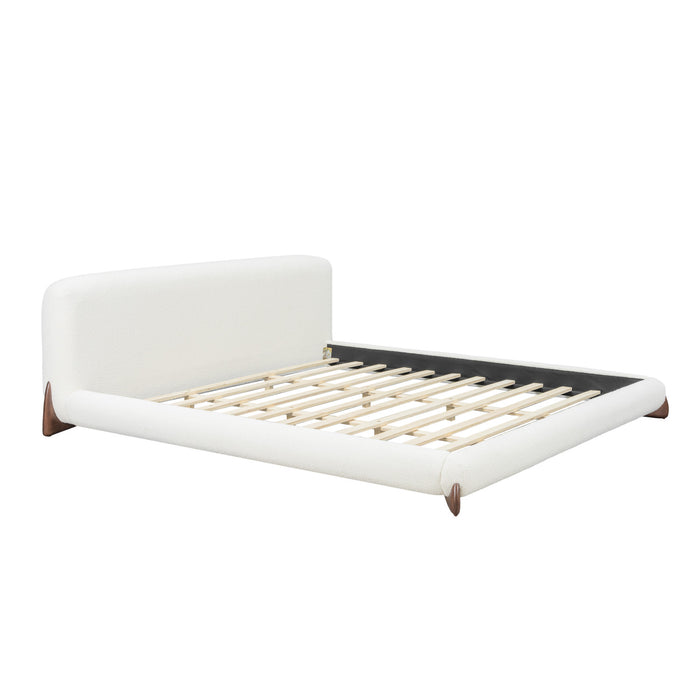 Emma Low Profile Platform Bed Frame with Curved Headboard and Boucle Upholstery, King Size,Cream White King Bed