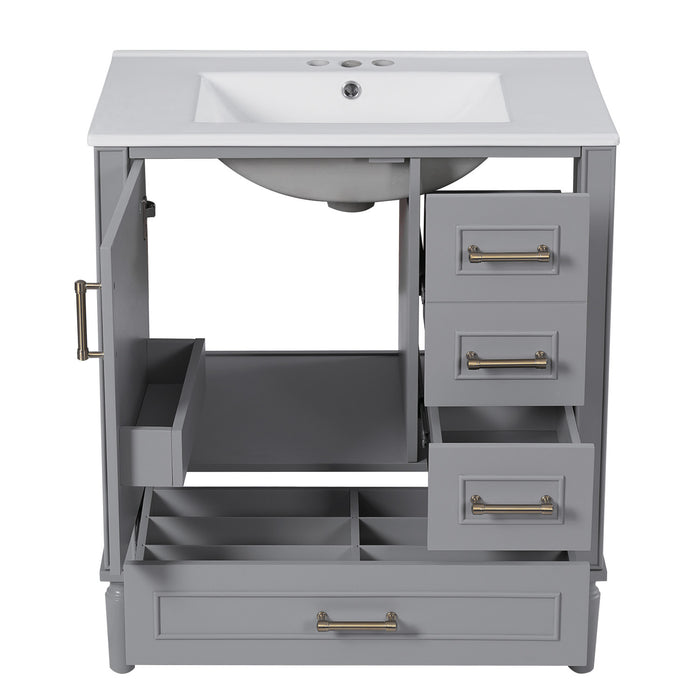 Emerson 30 Inch Bathroom Vanity with Ceramic Sink and Three Drawers, Grey