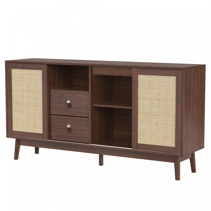 Oliver 61\" Sideboard Cabinet with Rattan Sliding Doors and Drawers,Dark Brown Accent Cabinet