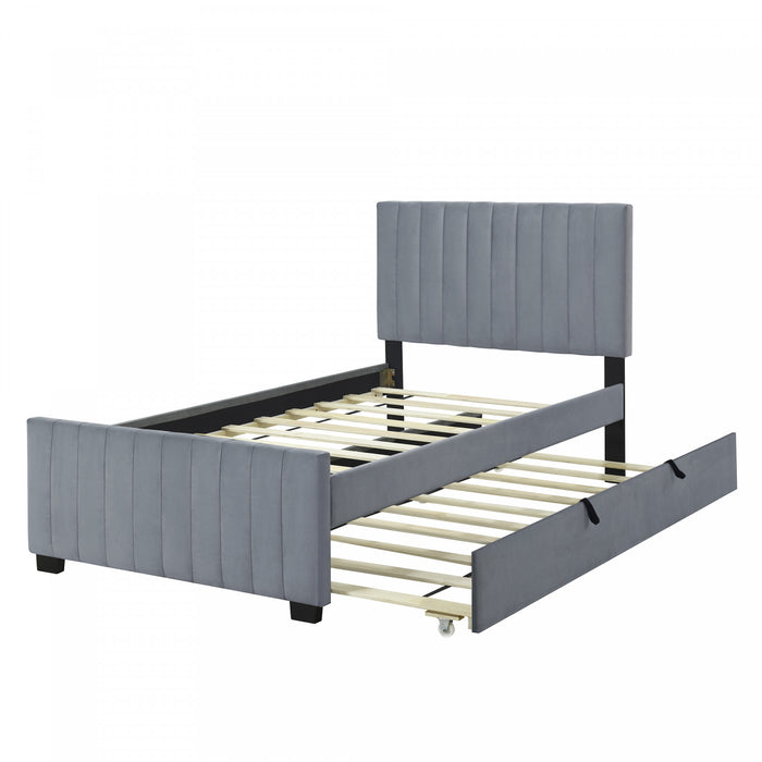Ethan Space-Saving Velvet Upholstered Platform Bed with Trundle,Twin Size,Grey Twin Bed