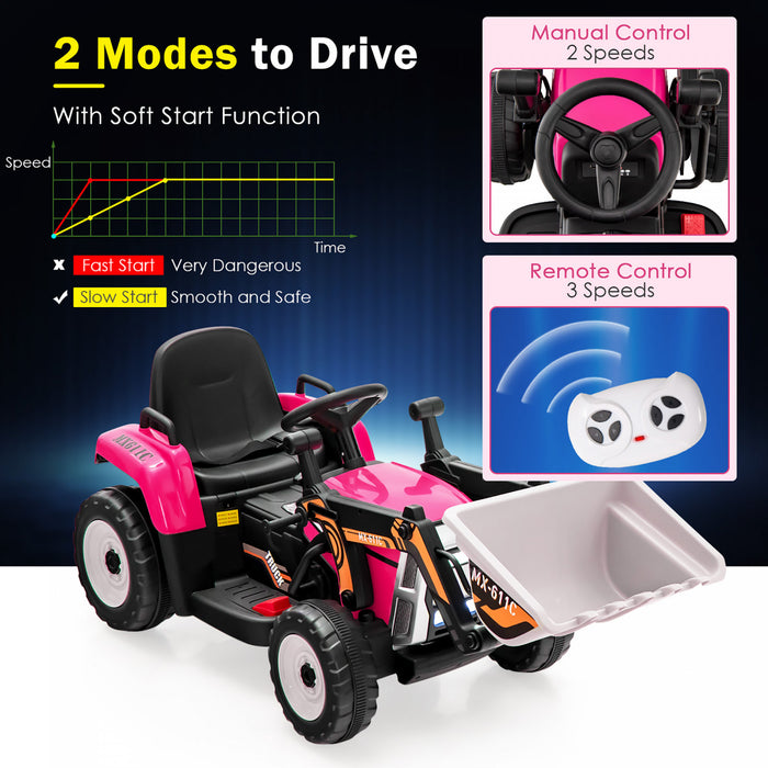 Costway Kids Ride On Excavator Digger 12v Electric Tractor Rc W/ Digging Bucket Pink