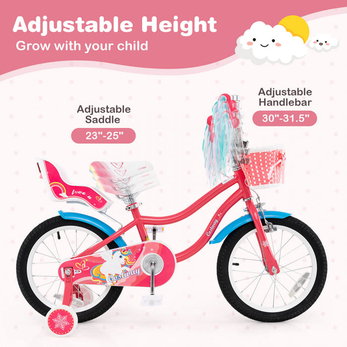 Costway 16\" Kids Bike With Basket Doll Seat & Colorful Streamers 2 Training Wheels Pink
