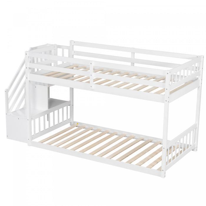 Liam Floor Bunk Bed with Ladder and Storage,Twin over Twin,White Twin Bed