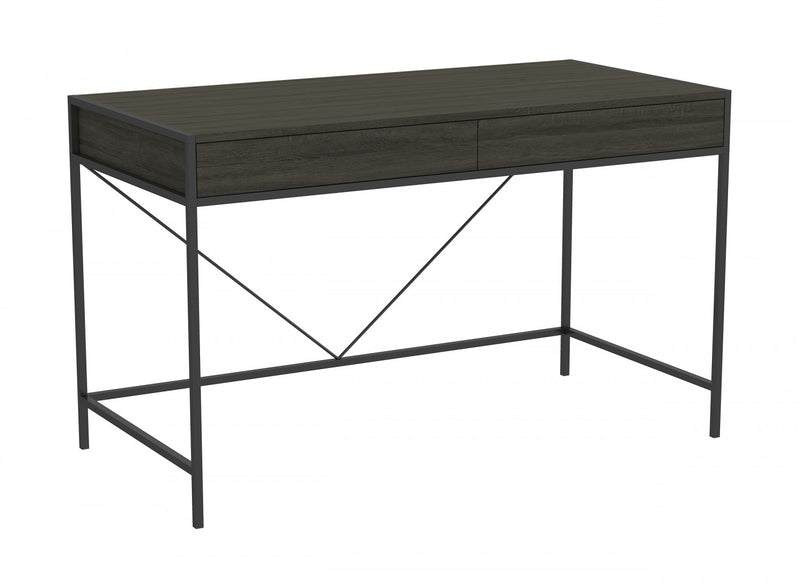 49” Computer Desk With 2 Drawers - Grey Wood With Black Metal