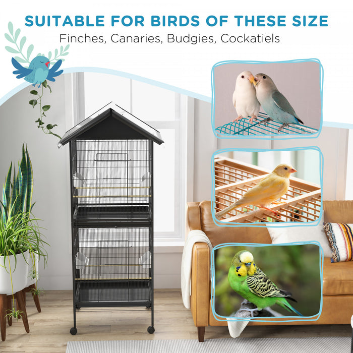 Pawhut Wrought Metal Bird Cage Feeder With Rolling Stand Perches Food Containers Doors Wheels 67\" H, Black