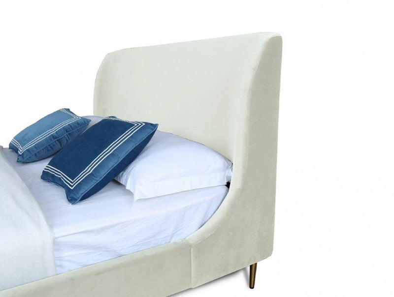 Heather Mid-Century Modern Velvet Upholstered Queen Bed in Cream and Gold