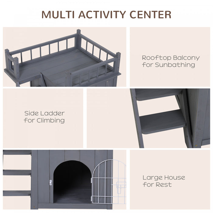 Pawhut 2-story Pet House For Cats Miniature Sized Dogs, Wooden Kitten Shelter With Enclosure, Balcony, Lockable Gate, Stairs, Grey