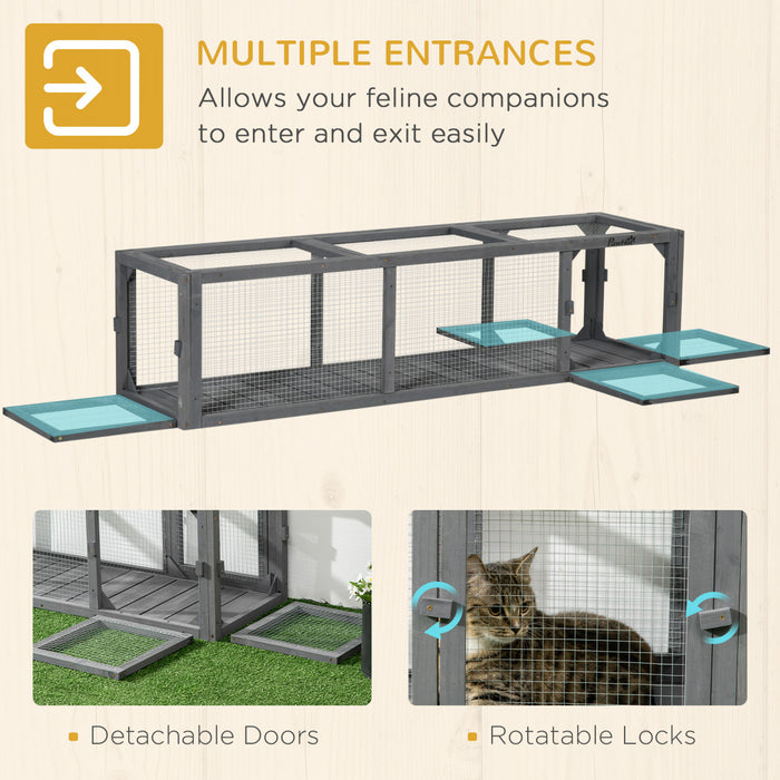 Pawhut 59\" Long Cat Tunnel, Cat Shelter L- Shape With Extendable Design, Cat Enclosure For Indoor/outdoor Use With Weather Protection, Removable Door, Lead Grey