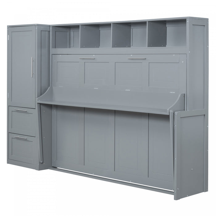 Dennis Engineered Wood Full Murphy Bed With Shelves And Drawers, Grey