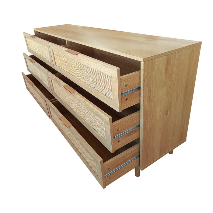59\" Mila Modern 6 Drawer Rattan Storage Cabinet with Engineered Wood Frame- Natural