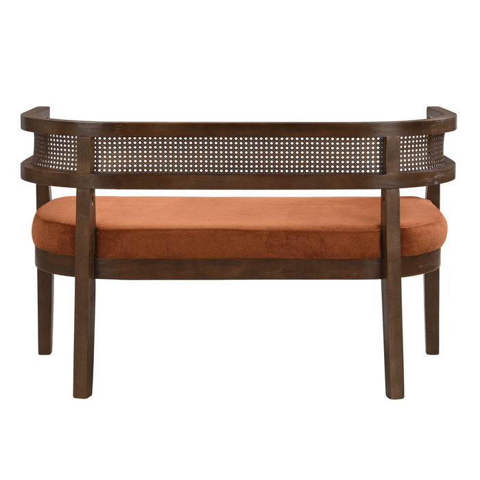 Rattan 47.5 Inch Rattan Upholstered Loveseat with Hand-Woven Backrest, Dark Orange, Walnut