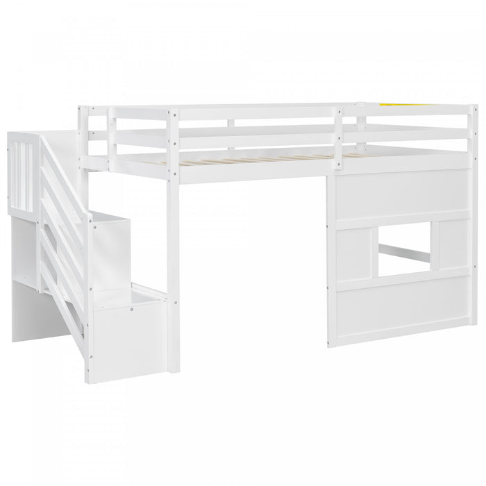 Pepys Modern Loft Bed with Storage Staircase and Window,Twin Size,White Twin Bed