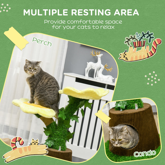 Pawhut 18\" Plush Cat Tree With Two Flower Platforms, Multi-activity Centre Cat Tower With Jute Scratching Posts, Elevated Perches, Round Roomy Condo With Door, Green