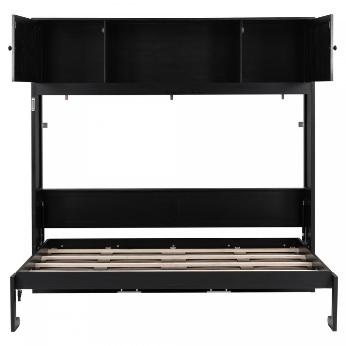 Ethan Solid Wood Murphy Bed with Storage Cabinets,Queen Size,Black Queen Bed
