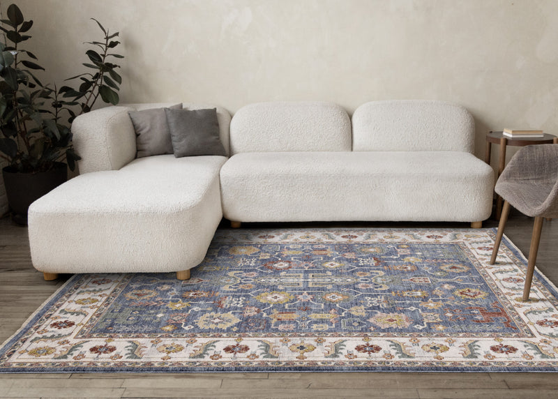 Olivia Blue Modern Tribal Inspired Border Rug, 5'3\" x 7'10\" Indoor Area Rug