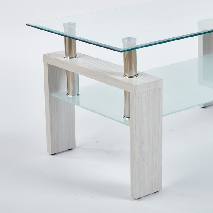 Lucius Modern Geometric Design Tempered Glass Coffee Tablewith Metal Frame and Clear Glass,White