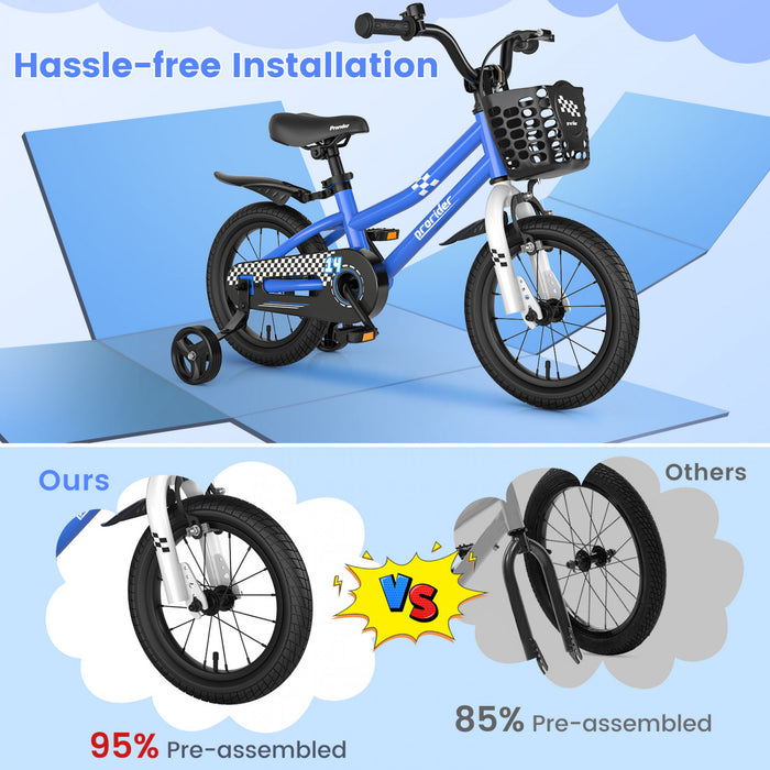 Costway 14\" Kid's Bike W/ Removable Training Wheels & Basket For 3-5 Years Old Blue
