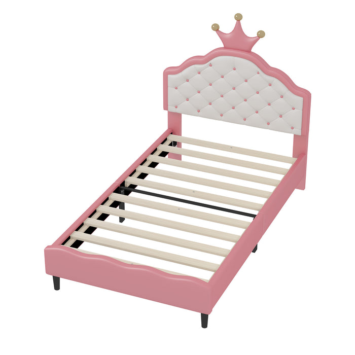 Lily Lovely Crown Fantasy Princess Bed with Tufted PU Leather Headboard,Twin Size Twin Bed