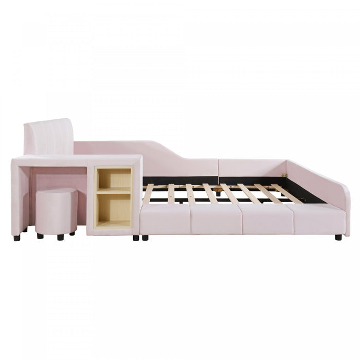 Lily Velvet Upholstered Grounded Bed with Desk and Stool,Queen Size,Pink Queen Bed