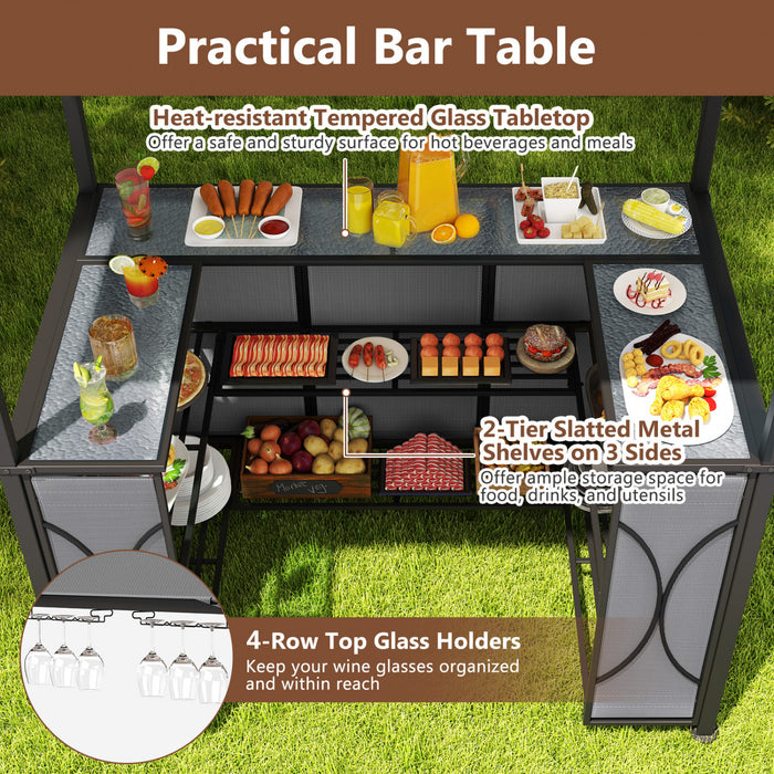 Costway 6.5 X 4 X 8 Ft Grill Gazebo Set With 2 Bar Stools, Tempered Glass Bar Table Gray
