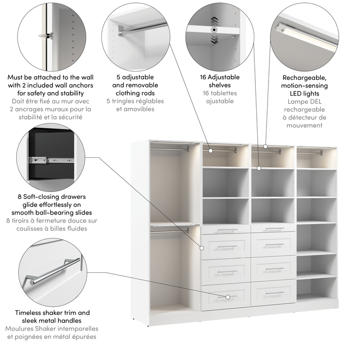 Bestar Florence 100\" Modular Reach-In/Walk-In Closet System with LED Lights, Rods, Shelves and Drawers Shaker Style - White