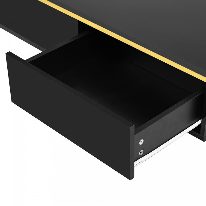 Lustra 39.4 Inch Modern High-Gloss Coffee Table with Dual Drawers and Gold Accents, Black