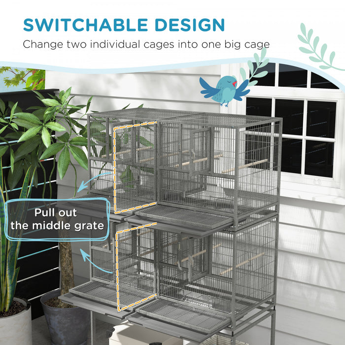 Pawhut 61 Inch Large Double Rolling Metal Bird Cage Bird House With Removable Metal Tray, Storage Shelf, Wood Perch, Food Container