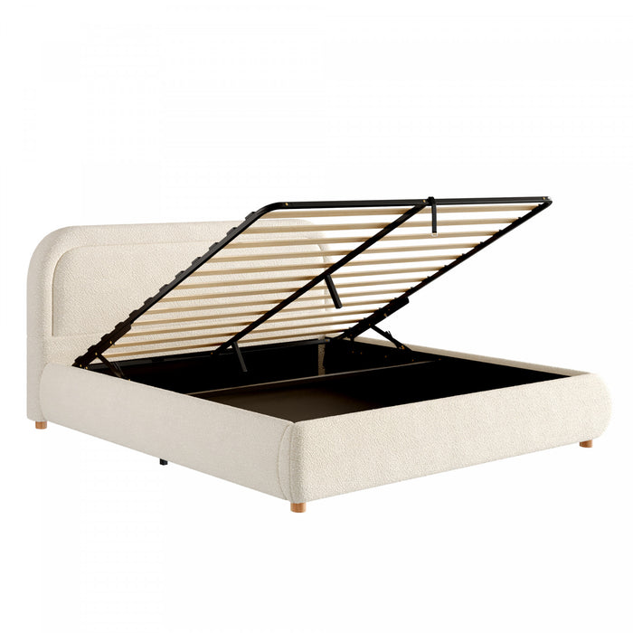Sophia Space-Saving Hydraulic Lift Storage Platform Bed with Boucle Upholstery,King Size,Beige King Bed