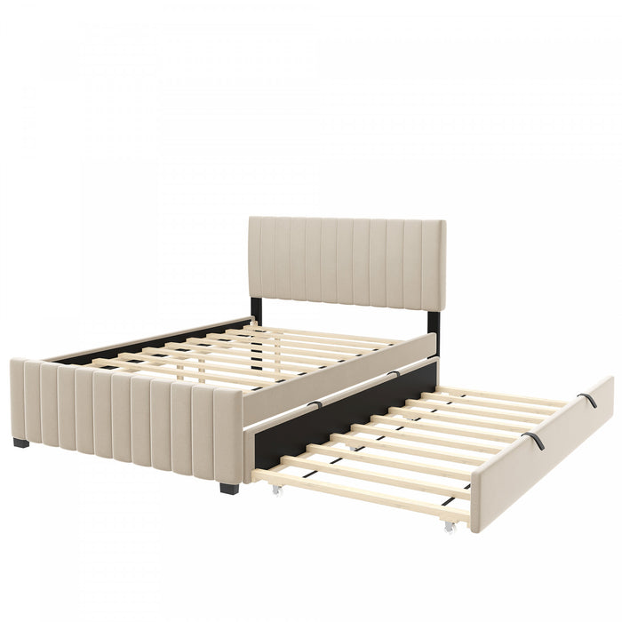 Ethan Space-Saving Velvet Upholstered Platform Bed with Trundle,Full Size,Beige Full Bed