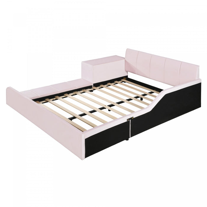 Lily Velvet Upholstered Grounded Bed with Desk and Stool,Queen Size,Pink Queen Bed