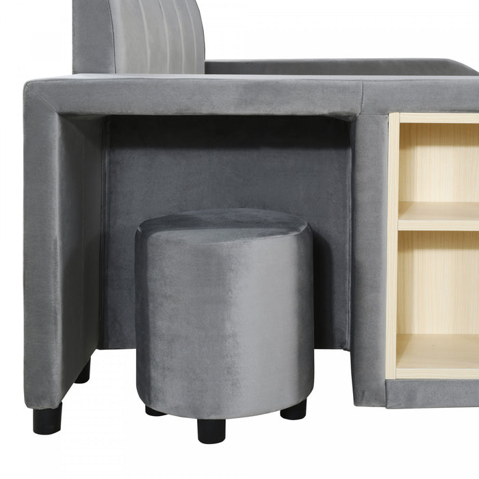 Lily Velvet Upholstered Grounded Bed with Desk and Stool,Queen Size,Grey Queen Bed