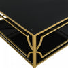 Gleam 33.5 Inch Square Tempered Glass Coffee Table with Geometric Gold Frame and Lower Shelf, Black | Gleam Table Basse Carree en Verre Trempe 33.5 po avec Cadre Geometrique Dore et Etagere Inferieure, Noir
